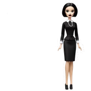   Hostess Wednesday Addams Barbie.  very light skin face. Black lipstick and eyeshadow. Earrings matching necklaces. Long silky raven hair.  shows her legs and black high heel.  sticker