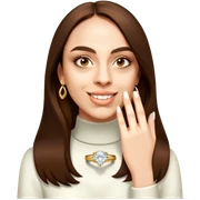 Woman with long brown hair and gold engagement ring sticker