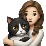 Girl with brown hair cuddling with black and white cat sticker