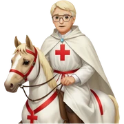 A knight templar on a horse. Wearing a white tunic with a Red Cross on the front. Wearing a white cloak with a Red Cross on the left front side. He is a blond haired man aged about 70 with glasses sticker