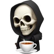 A skull face with white eyes and a black hooded robe drinking tea sticker