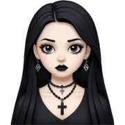 goth bad girl with white white skin and black long hair and black eyeliner and black Shadow behind the eyelid and light black lipstick with goth cross Necklace and goth dress sticker