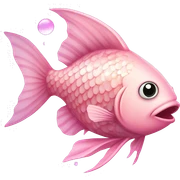 Fish "A pastel pink fish with glowing, translucent scales, sparkling fins, and tiny bubbles filled with glitter floating around it." sticker