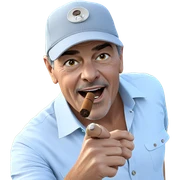 boy pointing outdoors with cigar sticker