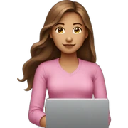 Girl with long brown hair and laptop, pink shirt sticker