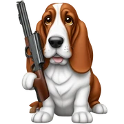 Red and white basset hound with gun sticker