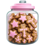Realistic glass cookie jar with light pink lid full of gingerbread cookies isolated.  sticker