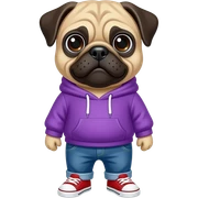 Pug wearing a purple hoodie with blue jeans and red shoes sticker