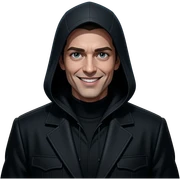 Humanoide con sonrisa perturbadora, vestido de negro, en plaza nocturna vacía con luces tenues y atmósfera inquietante. sticker