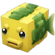 one big cube yellow fugu fish in minecraft style sticker