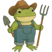 ghibli style frog in cowboy hat and overalls, holding gardening tools sticker