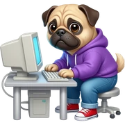 Pug wearing a purple hoodie with blue jeans and red shoes on a computer sticker