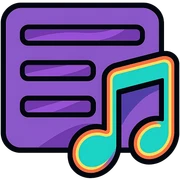playlist icon with horizontal lines and musical note, lines with purple galactic flow effect, musical note with neon glow sticker