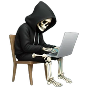 Skeleton programmer with laptop in black hoodie sticker