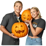 smiling boy with pumpkin sticker