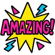 flashing colorful emoji that says 'amazing!', pop art style, bright colors sticker