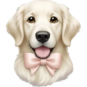 White golden retriever with pale blush bow around its neck sticker