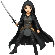 The character is a fierce, mysterious female warrior with long black hair that flows down to her navel. She wears a black hooded cloak, tactical black clothing, and black combat boots. She holds a katana in one hand. Her expression is confident and shadowed beneath the hood.  sticker