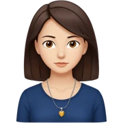 Mulher dos cabelos medios marrons escuros com uma blusa colada azul marinho e olhos castanhos e pele branca e um colar simples sticker