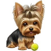 Yorkie playing with a tennis ball sticker