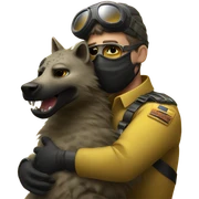 Yellow army Pilot with black mask googles, and then a big hyena hugging him sticker