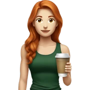 Redhead fitness girl in dark green top with coffee sticker