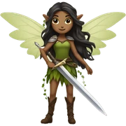 Female forest fairy, wings, pointed elf ears, long dark hair, brown skin, vines, holding medieval sword sticker