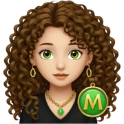 Chica de pelo castaño rizado largo ojos marrones claritos con toque verde piel clarita top negro collar con una m dorada sticker