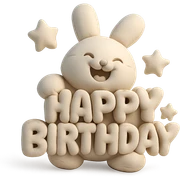 full-body laughing bunny hugging "Happy Birthday" letters with stars, cushion style sticker