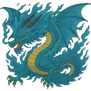 Add large, detailed wings to this fiery blue dragon, keep the style consistent with the original image, and remove the background. sticker