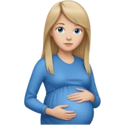 full length of a young woman with long straight dark blond hair, side bangs, and blue eyes. She is pregnant sticker