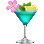 Blue/green cocktail with pink flowers and lemon sticker