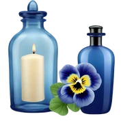Decorative blue candle in a glass jar and in the back are navy blue pansies and a blue vintage-style perfume bottle  sticker