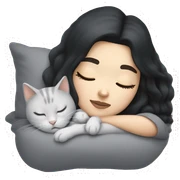 White girl with black hair sleeping with light grey kitty sticker