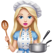 Cinematic realistic beautiful blonde with long hair, blue eyes and pink lips in a white dress cooks sticker