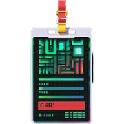 Member ID card with green to red gradient holographic effect and pixel art design sticker