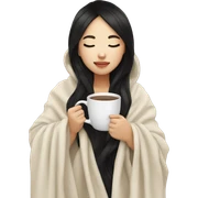 Asian girl inside a blanket sipping coffee eyes closed black hair sticker