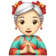 Chinese middle aged lady wear Chinese traditional dress  with a sign of agreeable and peace gesture sticker