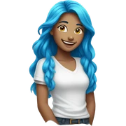 A girl with long blue hair and a white shirt smiles sticker