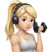 Blonde girl lifting weights, hair in a ponytail with brown beats headphones over ears sticker