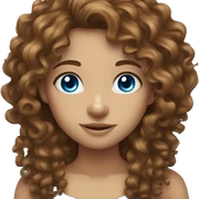 a girl with brown long curly hair, blue eyes and a big  sticker