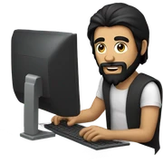 A guy with black beard and black long hair playing on a compu sticker