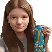 smiling girl holding a can sticker