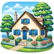 A summer cottage with blue shutters, bright flowers, green trees surround it, Kinkade style artwork.  sticker
