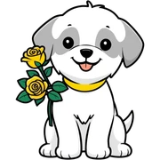 A watercolor drawing of a happy maltese dog carrying a bunch of yellow roses. sticker