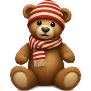 🧸full body teddy bear sitting down with a beige and red striped scarf on with a red beanie on that has a puff. sticker