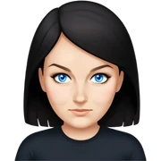 female, wearing black tshirt,  black hair  over shoulder  sticker