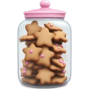 Realistic glass cookie jar with light pink lid full of gingerbread cookies isolated.  sticker