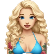 blonde woman. pink rose bikini. wavy long hair. tattoos. blue eyes, rose lips sticker