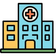 Modern hospital building in Bangkok with medical cross symbol sticker